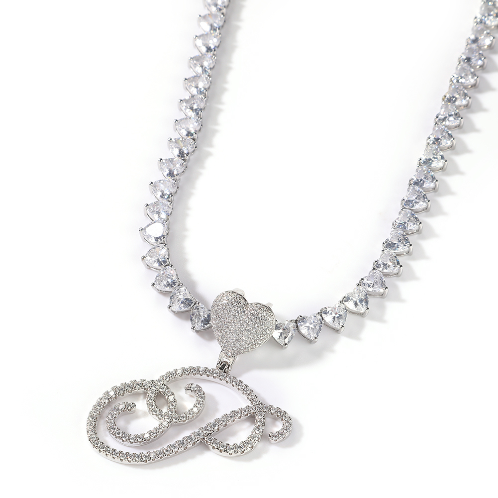 Tennis Bracelet Cubic - Uwin-Corrente Cursiva Cartas Tênis com Coração