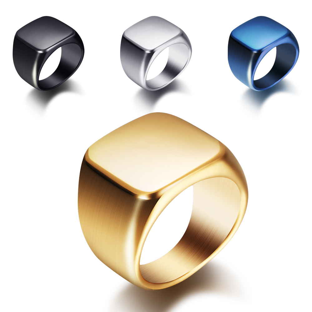Titanium Steel Ring - Livre Gravar Nova Prata/Ouro/Preto/Azul Quadrado Grande